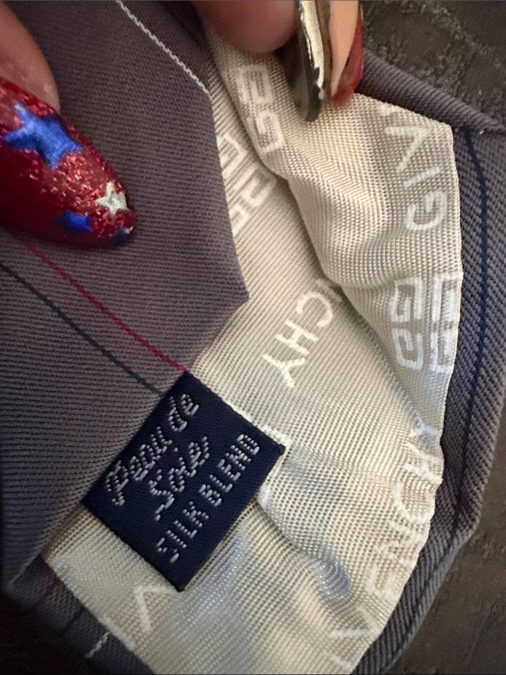 Givenchy Gray Silk Tie with Navy Medallions and Red Pinstripes